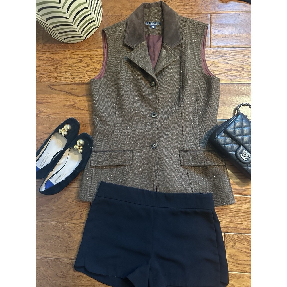 Harold's Vintage 100% Wool Herringbone Tweed Vest Womens 10 Made in USA Suede